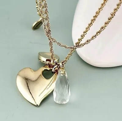 MONET 3 Charm Necklace Heart Crystal Teardrop Pave Rhinestone Gold Plated 17” • $10.95
