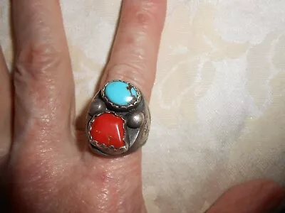 Southwestern Vintage Turquoise And Coral Men's Ring Size 9 - Pawn Find! • $79.99