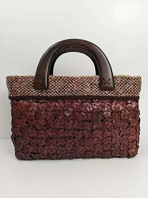 Handbag Brown Woven Wooden Handles Basket Style Bag Boho Rare Vintage Purse • $60