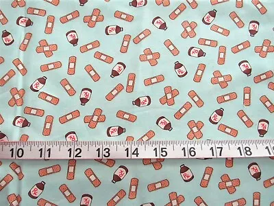 1/2 Yd Cotton Fabric Light Green With Medicine & Bandaids • $2.50