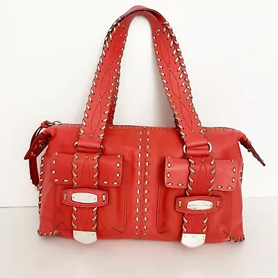 Michael Kors Red Leather Matte Silver Whipstitch HANDBAG Bag Top Handle Purse • $75