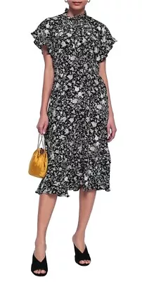 Zimmermann Silk Crepe Tea Dress Belted Floral Flounce Hem Black White Size AU2 M • $130