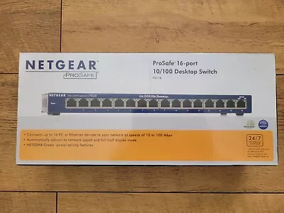 RETAIL BOXED NEW & SEALED Netgear FS116 16 Port ProSafe 10/100 Switch W/PSU • £30