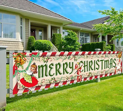 $14.99 • Buy Vintage Merry Christmas Banner, Outdoor/Indoor, Retro Santa Decor