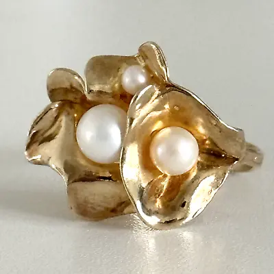 925 Sterling Silver Israel Vintage Vermeil Large Pearl Flowers Ring Size 9.75 • $70