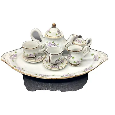 Miniature Porcelain Tea Set Hand Painted Hand & Heart Inc Purple And White Set • $25