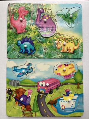 $11.99 • Buy Dinosaur And Transportation Wooden Peg Puzzle Bright Colorful
