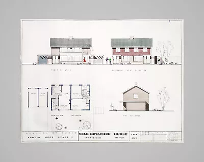 XL 1960s British Semi-Detached House Elevation Hand-Coloured Architectural Plan • $173.70