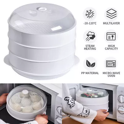 Tier Microwave Steamer Round Healthy Vegetable Fish Pasta Rice Steamer With Lid • £9.98