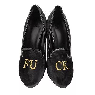 YRU Womens 6 F Word Black Velvet Gold Embroidered Loafer Style High Heels Shoes • £93.12