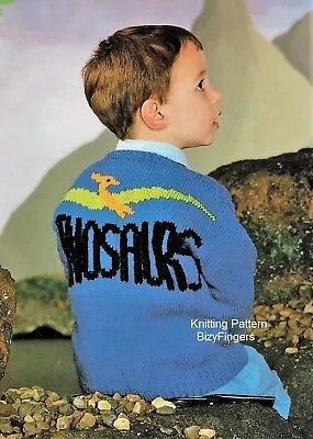 Boys Dinosaur Intarsia Motif Cardigan Jacket KNITTING PATTERN DK 22 - 30  2-11yr • £2.15