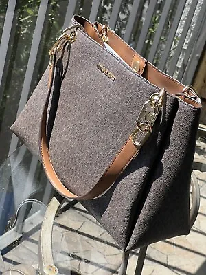 Michael Kors Women Lady Trisha Large Pvc Shoulder Tote Bag Handbag Purse Brown • $148.95