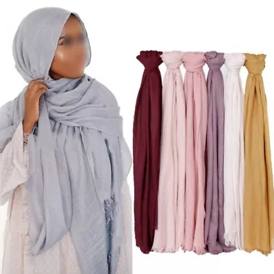 Premium Linen Cotton Scarf Women's Muslim Hijab Large Fringe Shawls Head Wraps • $9.50