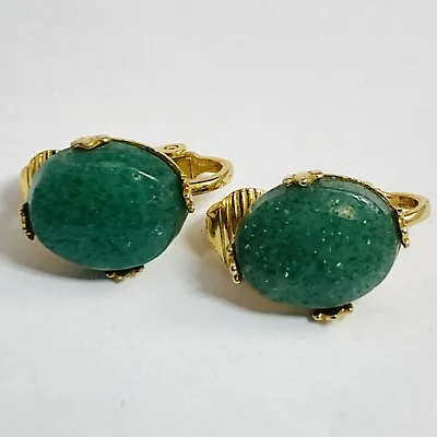 Lovely Dainty Vintage Faux Jade 1/20th 12k Gold Filled Signed JJJ Clip Earrings • $19.99