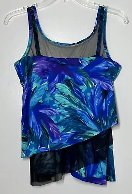 Miraclesuit Tankini Swim Top Only Mesh Layered Hem Blue Palms EUC Size 10 • $28