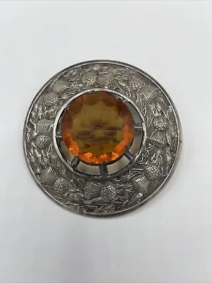 Antique Scottish Thistle Celtic Cairngorm Kilt Pin Brooch Silver Amber Citrine • £166.24