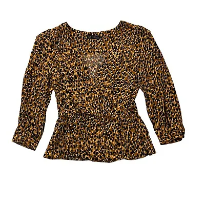 Zara TRF Leopard Printed Faux Wrap 3/4 Sleeve V-Neck Blouse Size Small • $24.99