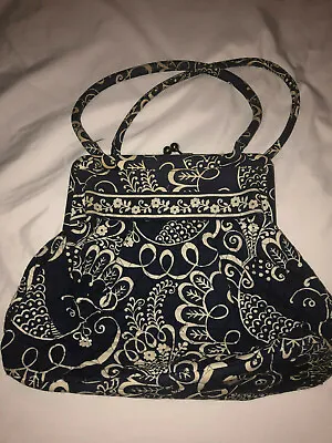 Vera Bradley Navy Blue Alice Shoulder Bag White Clasp Close Purse Twirly Birds • $24.99