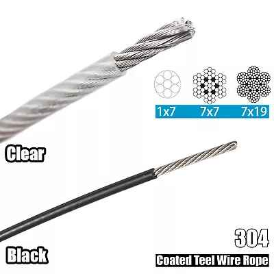 304 Stainless Steel Wire Rope Cable PVC Plastic Coated 0.6 1 2 3 4 5 6 8 10 12mm • £2.51