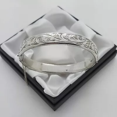 CHARLES HORNER 1964 Vintage 925 Silver Engraved Design Hinged Bangle Bracelet • £50