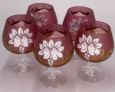 Vintage Moser Bohemian Hand-Painted Rose-Colored Crystal Goblets-Set Of 5 • $64.95