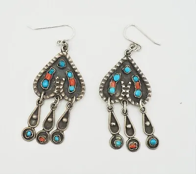 VTG Matilde Poulat Style Sterling Silver Turquoise Coral Hearts Dangle Earrings • $165