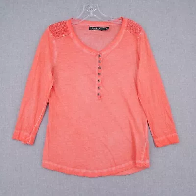 Lauren Ralph Lauren Top Womens S Small Orange 3/4 Sleeve Henley Blouse • $16.14