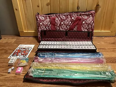 American Mahjong Set 166 Tiles Red Paisley Bag 4 Pushers/Racks Western Mahjongg • $68.99