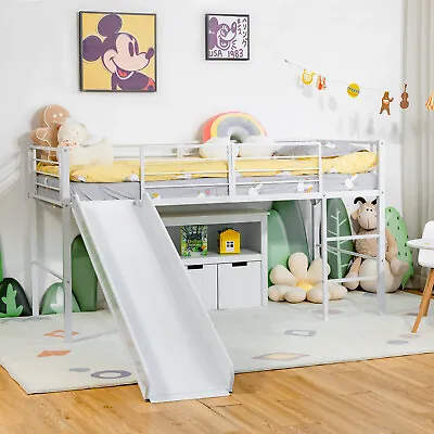 Kids Single Loft Bed Children Mid Sleeper Bunk Bed W/ Slide & Safety Guardrails • £134.95