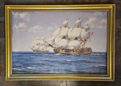 Gilt Framed Oelograph Of Oil Painting Of Tall Ships Sailing By Montague Dawson • £139.99