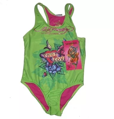 Girls Ed Hardy Lime Green Signature Glitter Designer Stunning Swimming Costume • £9.99