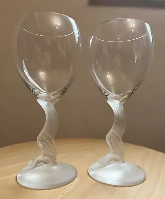 Lenox Swan Lake Water Wine Glasses Goblets Set Of Two Frosted Stem EUC • $49.99