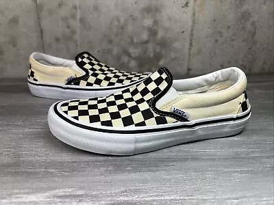 Vans Classic Pro Slip On Checkerboard Shoes Men's 6 Cream/Black Canvas Low Tops • $12.88