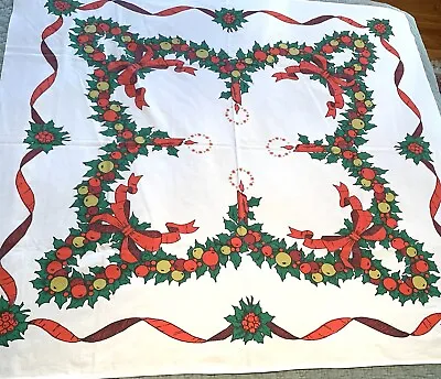 Vintage 50’s Tablecloth Christmas Holly Candles Cotton 45”x52” • $9.99