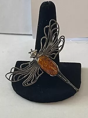 Vintage Sterling Silver Amber Dragonfly Brooch/Pin • $48