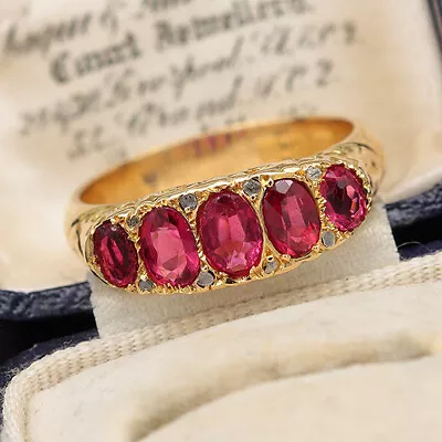 Rare Edwardian 18ct Yellow Gold Pink Tourmaline And Diamond Five-Stone Ring 1911 • £799