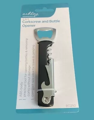 3-in-1 Corkscrew Bottle Opener Compact Black Home Kitchen Travel Camping Wine Uk • £3.18