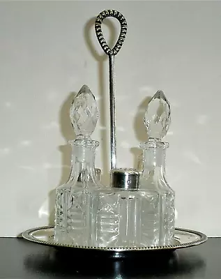 Vintage Cut Glass Condiment Table Set Vinegar Oil Sugar Salt Pepper Shakers EPNS • $30.40