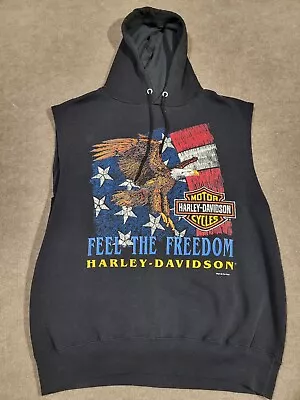 Vtg FUN WEAR HARLEY DAVIDSON Eagle Flag Sleeveless Hoodie Size XL USA MADE! • $54.99