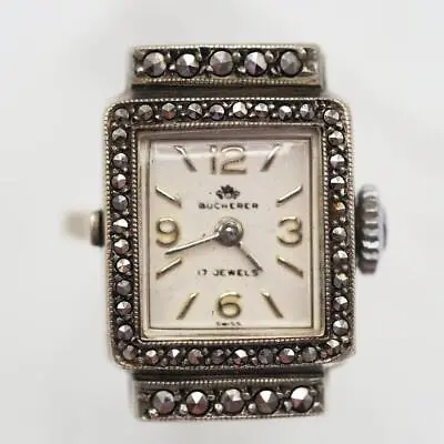 Vintage Bucherer 800 Silver Marcasite Ladies Elegant Ring Watch Size 7 • $839.80