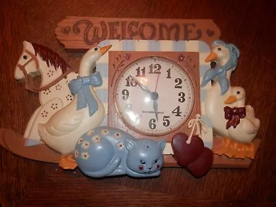 Vintage 80's Burwood New Haven Goose Horse Cat Welcome Quartz Wall Clock Nice • $19.99