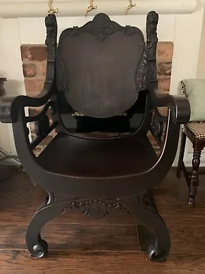 Antique Oak Lion Head Carved Savonarola Throne Chair  • $700