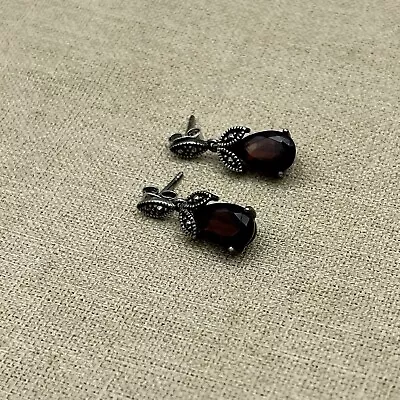 925 Art Deco  Garnet Marcasite Dangle  Pierced Sterling Earrings • $45