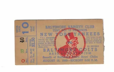 1949 Baltimore Colts Vs New York Yankees AAFC 8-16-49 Pre-Season  Ticket Stub • $74.99