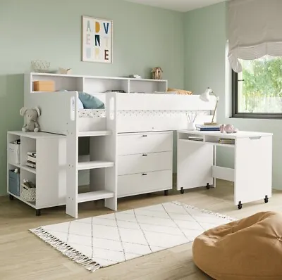 White Cabin Bed Mid Sleeper With Drawers And Built In Desk • £499.95