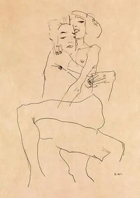 Egon Schiele (1911) Couple Embracing Sketch Drawing Love Wall Art Poster Print • £3.99