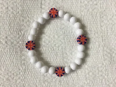Union Jack Red Round Clay White Acrylic Bead Bracelet  Ladies 7in 18cm • £2