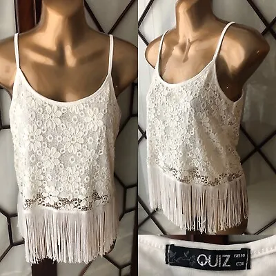 £9.50 • Buy QUIZ Summer Strap Vest Top Fringed Crochet Lace 10 Lined Wedding Party Evening