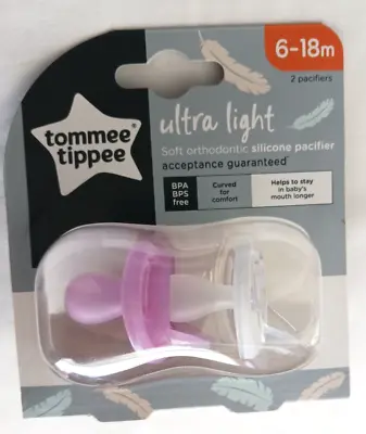 Tommee Tippee Ultra Light Soft Orthodontic Silicone Pacifier 6-18 M 2 Pack NIP • $12.99