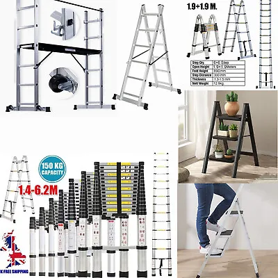 Aluminium Telescopic Extenable Ladder 1.4-6.2M /2/3 Steps Steel Stool Ladders • £43.97
